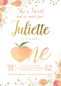 Peach First Birthday Invitation (one-watercolor) - www.printerfairy.com design preview