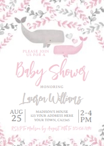 Whale Baby Shower Invitation (Watercolor pink) - www.printerfairy.com design preview