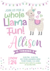 Llama Birthday Invitation (Pastels) - www.printerfairy.com design preview