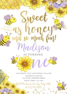 Bee 1st Birthday Invitation (Lavender) - www.printerfairy.com design preview