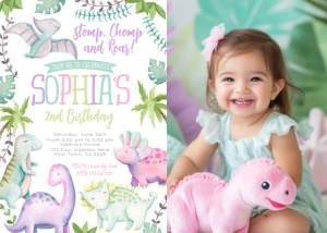 Dinosaur Birthday Invitation with photo_watercolor (Pink Green Purple) - www.printerfairy.com: Dinosaur Birthday Invitation with photo_watercolor (Pink Green Purple) - www.printerfairy.com