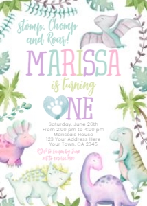 Dinosaur Birthday ONE Invitation_watercolor (Pink Green Purple) - www.printerfairy.com: Dinosaur Birthday ONE Invitation_watercolor (Pink Green Purple) - www.printerfairy.com