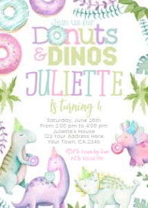 Dinosaur & Donuts Birthday Invitation_01_watercolor (pink) - www.printerfairy.com: Dinosaur & Donuts Birthday Invitation_01_watercolor (pink) - www.printerfairy.com