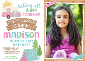Happy Campers Party Invitation with Photo - www.printerfairy.com design preview