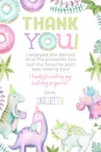 Dinosaur & Donuts Thank You Cards_01_watercolor (pink) 4x6 - www.printerfairy.com: Dinosaur & Donuts Thank You Cards_01_watercolor (pink) 4x6 - www.printerfairy.com