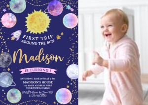 Trip Around the Sun Invitation with photo (blue) - www.printerfairy.com design preview