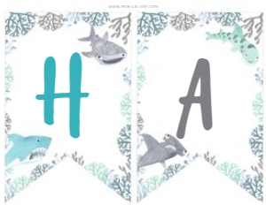 Cute Sharks Happy Birthday Banner (blue) - www.printerfairy.com design preview