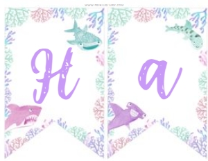 Cute Sharks Happy Birthday Banner 2 flags (pink teal purple) - www.printerfairy.com: Cute Sharks Banner - 2 flags (pink teal purple) - www.printerfairy.com