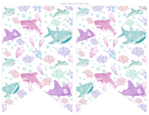 Cute Sharks Graphics Banner 2 flags (pink teal purple) - www.printerfairy.com: Cute Sharks Banner - 2 flags (pink teal purple) - www.printerfairy.com