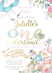 Alice in ONEderland 1st Birthday Invitation (pastels) - www.printerfairy.com: Alice in ONEderland 1st Birthday Invitation (pastels) - www.printerfairy.com