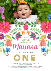 Fiesta Floral Birthday Invitation with Picture (white) - www.printerfairy.com design preview