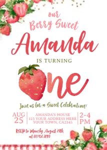 Strawberry First Birthday Invitation (watercolor) - www.printerfairy.com: Strawberry First Birthday Invitation (watercolor) - www.printerfairy.com