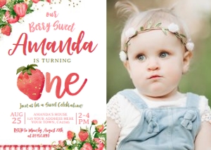 Strawberry First Birthday Invitation with photo (watercolor) - www.printerfairy.com: Strawberry First Birthday Invitation with photo (watercolor) - www.printerfairy.com