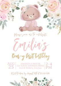 Baby Bear Girl Invitation - www.printerfairy.com design preview