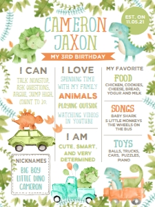Dinosaur & Cars Birthday Board - www.printerfairy.com design preview