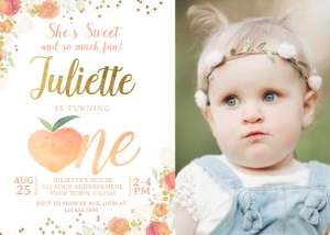 Peach First Birthday Invitation (one-watercolor) with photo - www.printerfairy.com design preview