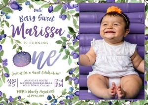 Blueberry First Birthday Invitation with photo (watercolor) - www.printerfairy.com design preview