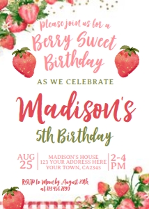 Strawberry Birthday Invitation (watercolor) - www.printerfairy.com: Strawberry Birthday Invitation (watercolor) - www.printerfairy.com