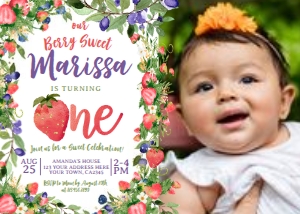 Berries First Birthday Invitation with photo (watercolor) - www.printerfairy.com design preview