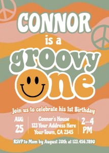 Groovy One First Birthday Invitation (PFGBO2) - www.printerfairy.com design preview