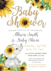 Elephant Sunflower Floral Baby Shower Invitation - www.printerfairy.com design preview