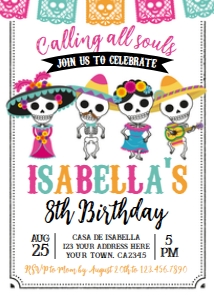 Dia de los Muertos Birthday Invitation_White (Pink) - www.printerfairy.com: Dia de los Muertos Birthday Invitation (White Pink) - www.printerfairy.com