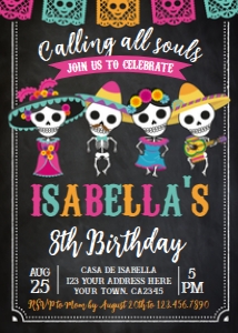 Dia de los Muertos Birthday Invitation (Black Pink) - www.printerfairy.com design preview