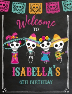 Dia de los Muertos_Welcome Sign (Black Background) 8.5x11 (Pink) - www.printerfairy.com: Dia de los Muertos Welcome Sign (Black Background-Pink) - www.printerfairy.com