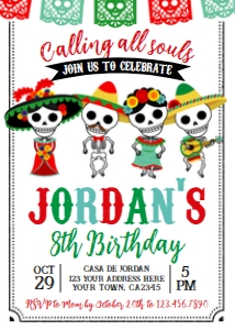 Dia de los Muertos Birthday Invitation (Red) - www.printerfairy.com: Dia de los Muertos Birthday Invitation (Red) - www.printerfairy.com