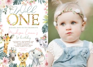 Tropical Jungle_ 1st Birthday Invitation with Photo (Pink) - www.printerfairy.com: Tropical Jungle 1st Birthday Invitation with Photo (Pink) - www.printerfairy.com