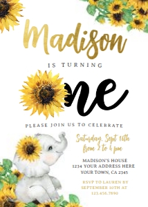 Elephant Sunflower Floral Birthday Invitation - www.printerfairy.com design preview
