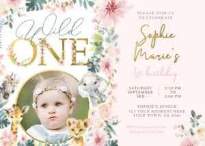 Tropical Jungle 1st Birthday Invitation with Photo Circle (Pink) - www.printerfairy.com design preview
