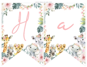 Tropical Jungle Banner Happy Birthday (Pink) - www.printerfairy.com design preview