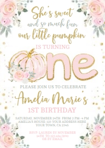 Little Pumpkin Floral 1st Birthday Invitation - www.printerfairy.com design preview