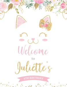 Kitty Cat Floral Birthday Welcome Sign - www.printerfairy.com design preview