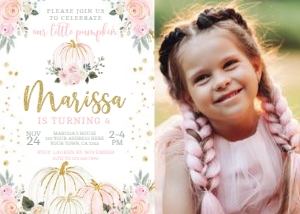 Little Pumpkin Floral Birthday Invitation with Photo - www.printerfairy.com design preview