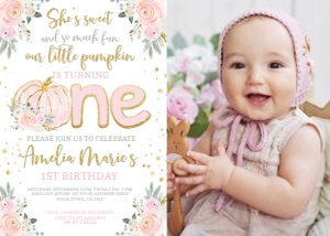 Little Pumpkin Floral 1st Birthday Invitation with photo - www.printerfairy.com design preview