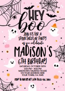 Hey Boo Halloween Birthday Invitation (Pink) - www.printerfairy.com: Hey Boo Halloween Birthday Invitation (Pink) - www.printerfairy.com