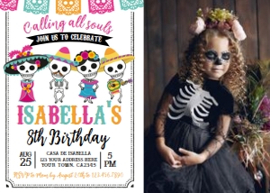 Dia de los Muertos Birthday Invitation with photo (White Background - Pink) - www.printerfairy.com design preview