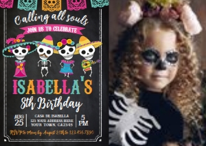 Dia de los Muertos Birthday Invitation with photo (Black Background - Pink) - www.printerfairy.com: Dia de los Muertos Birthday Invitation with photo (Black Background - Pink) - www.printerfairy.com