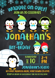 Penguin Birthday Invitation (green-blue-black) - www.printerfairy.com: Penguin Birthday Invitation (green-blue-black) - www.printerfairy.com
