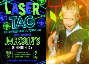 Laser Tag Birthday Party Invitation with photo (Blue) - www.printerfairy.com design preview