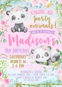 Panda Birthday Invitation (pink green) - www.printerfairy.com design preview