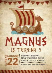 Viking Boat Birthday Invitation (brown)- www.printerfairy.com design preview