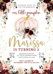 Little Pumpkin Floral Birthday Invitation (burgundy pink) - www.printerfairy.com design preview