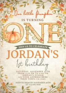 Fall_ Little Pumpkin 1st Birthday Invitation (brown) - www.printerfairy.com: Fall_ Little Pumpkin 1st Birthday Invitation (brown) - www.printerfairy.com