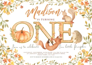 Fall_ Little Pumpkin 1st Birthday Invitation - horizontal - www.printerfairy.com: Fall_ Little Pumpkin 1st Birthday Invitation - horizontal - www.printerfairy.com