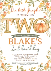 Fall_ Little Pumpkin 2nd Birthday Invitation - www.printerfairy.com design preview