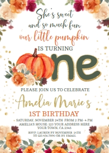 Little Pumpkin Floral 1st Birthday Invitation (orange) - www.printerfairy.com: Little Pumpkin Floral 1st Birthday Invitation (orange) - www.printerfairy.com