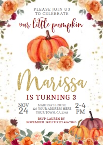 Little Pumpkin Floral Birthday Invitation (orange) - www.printerfairy.com: Little Pumpkin Floral Birthday Invitation (orange) - www.printerfairy.com